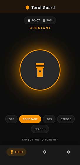 TorchGuard app showing the compass and emergency tools screen